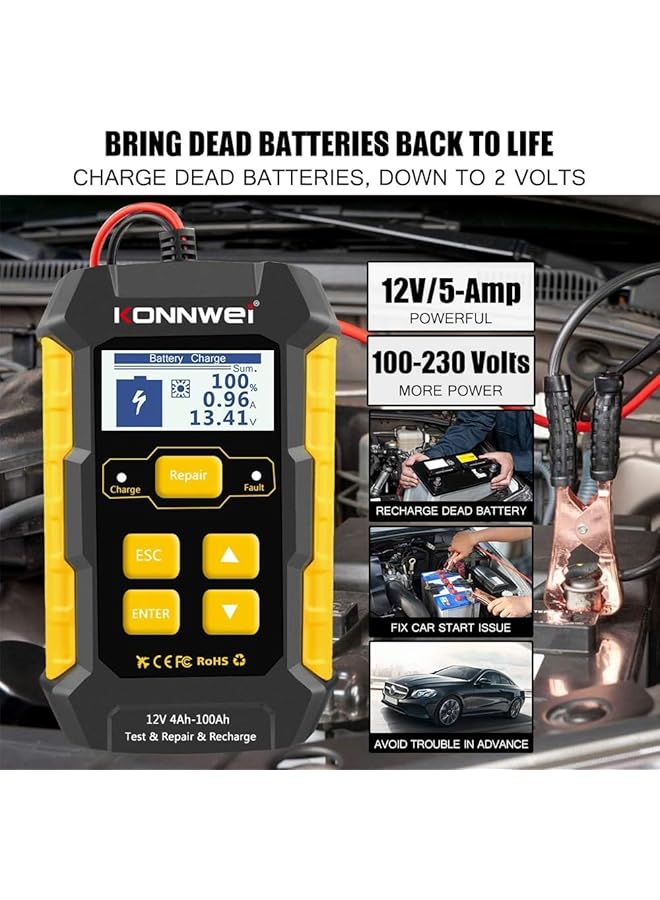 كونوي شاحن بطارية سيارة 3 في 1، جهاز اختبار بطارية السيارة، شاحن ذكي أوتوماتيكي بالكامل 12 فولت 5 أمبير، صيانة إصلاح نبضات السيارات، شاحن بطيء، مزيل كبريتات البطارية مع تعويض درجة الحرارة، جل حمض الرصاص الجاف الرطب AGM - Image 4