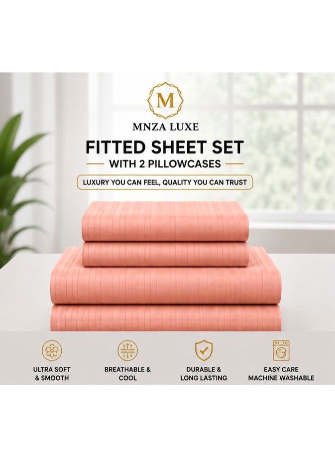 MNZA LUXE طقم شرشف سرير مايكروفايبر مطاطي بتصميم خطوط 1 سم، يشمل شرشف سرير مطاطي واحد + 2 غطاء وسادة | ناعم للغاية، قابل للتنفس ومقاوم للتجاعيد | لون خوخي - Image 4