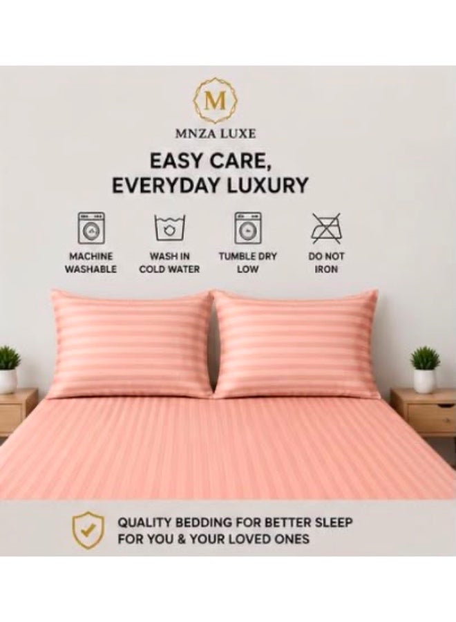 MNZA LUXE طقم شرشف سرير مايكروفايبر مطاطي بتصميم خطوط 1 سم، يشمل شرشف سرير مطاطي واحد + 2 غطاء وسادة | ناعم للغاية، قابل للتنفس ومقاوم للتجاعيد | لون خوخي - Image 3