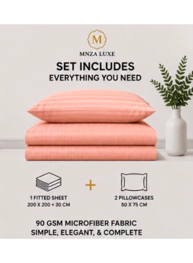 MNZA LUXE طقم شرشف سرير مايكروفايبر مطاطي بتصميم خطوط 1 سم، يشمل شرشف سرير مطاطي واحد + 2 غطاء وسادة | ناعم للغاية، قابل للتنفس ومقاوم للتجاعيد | لون خوخي - Image 2