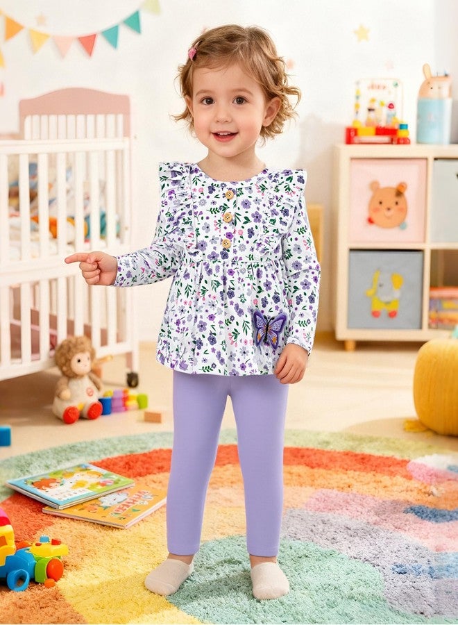 Latnnut Baby Clothes for 2 Year Old Girl Fall Winter Long Sleeve Ruffle Purple Printed Top and Solid Color Long Pants Outfits Set 2-3t 2t 3t - Image 5