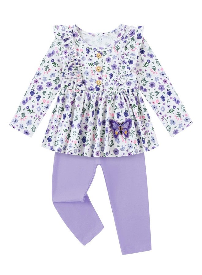 Latnnut Baby Clothes for 2 Year Old Girl Fall Winter Long Sleeve Ruffle Purple Printed Top and Solid Color Long Pants Outfits Set 2-3t 2t 3t - Image 1