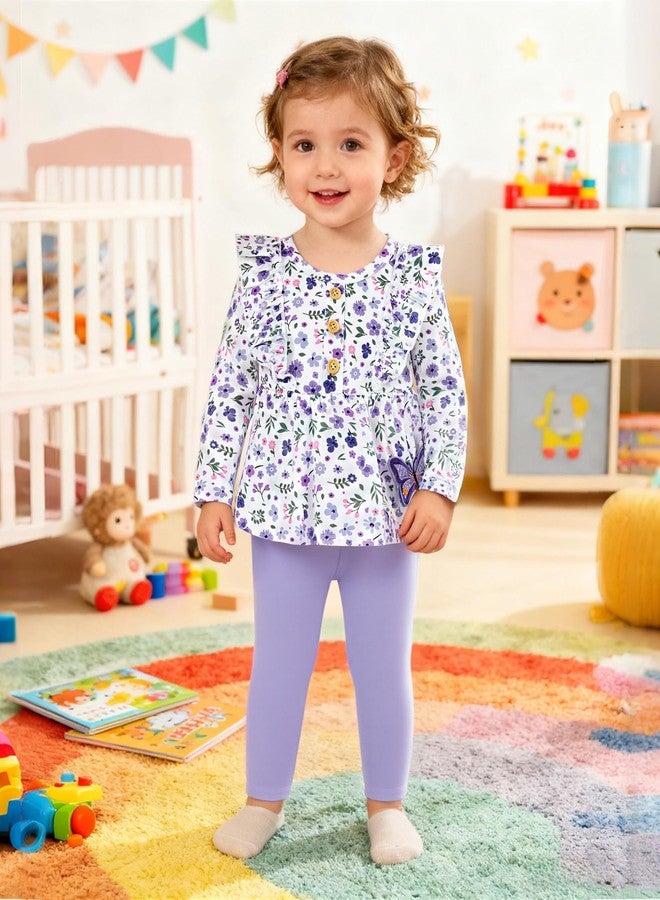 Latnnut Baby Clothes for 2 Year Old Girl Fall Winter Long Sleeve Ruffle Purple Printed Top and Solid Color Long Pants Outfits Set 2-3t 2t 3t - Image 4