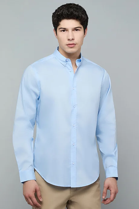أر أند بي Solid Shirt with Button-Down Collar and Long Sleeves