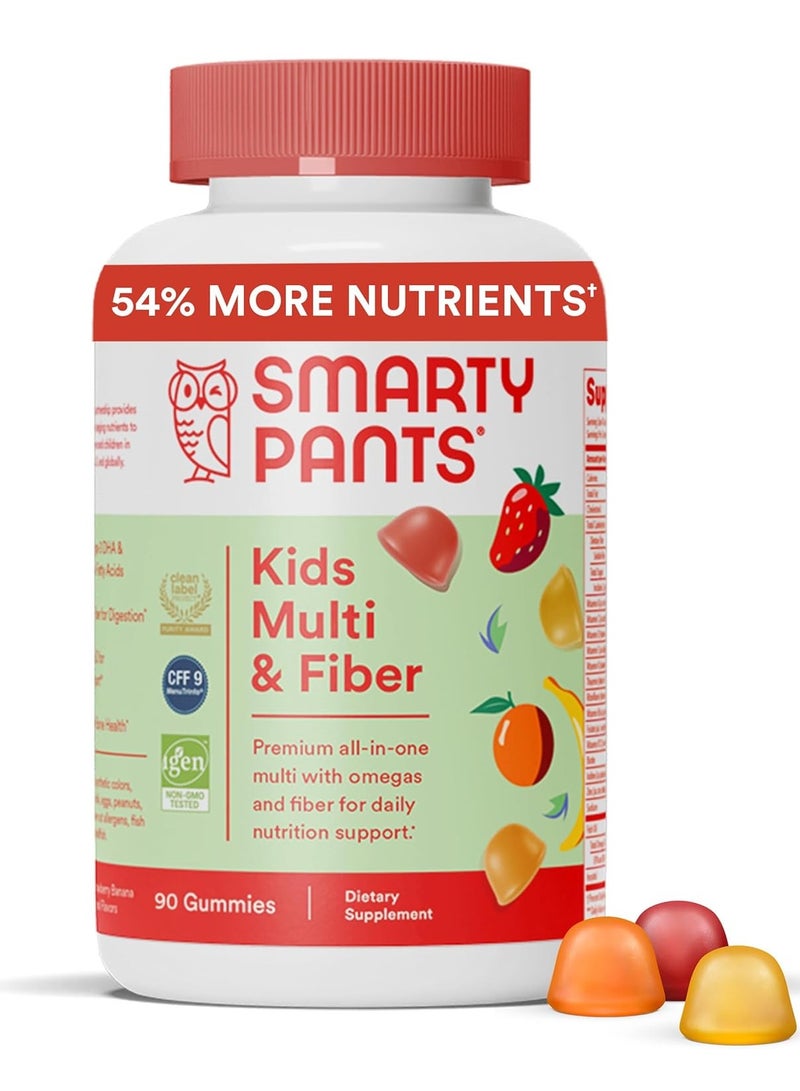 سمارتي بانتس علكات متعددة الفيتامينات ومكملات الألياف من سمارت بانتس للأطفال: أوميغا 3 زيت السمك (EPA/DHA)، فيتامين D3، C، فيتامين B12، B6، فيتامين A، الزنك، علكات الألياف، ثلاث نكهات فواكه، 90 قطعة (تكفي لمدة 22 يوم) - Image 1