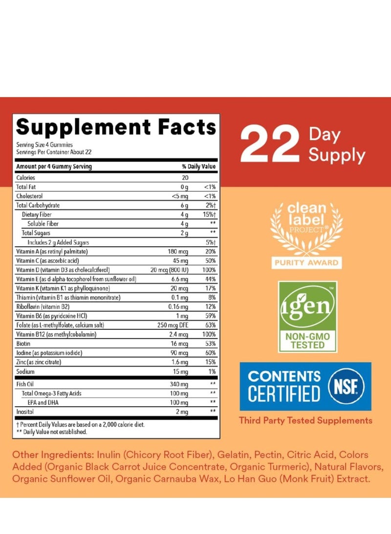 سمارتي بانتس علكات متعددة الفيتامينات ومكملات الألياف من سمارت بانتس للأطفال: أوميغا 3 زيت السمك (EPA/DHA)، فيتامين D3، C، فيتامين B12، B6، فيتامين A، الزنك، علكات الألياف، ثلاث نكهات فواكه، 90 قطعة (تكفي لمدة 22 يوم) - Image 3