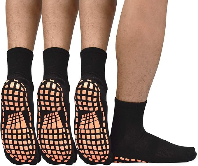 WKLOUYHE Non Slip Socks for Men House Socks with Grips 3 Pairs Anti-Skid Yoga Pilates Tile Wood Floors Hospital Slipper Sock_Free Size,Black - Image 1