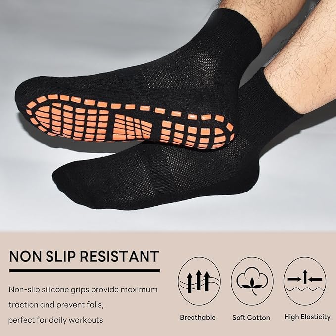 WKLOUYHE Non Slip Socks for Men House Socks with Grips 3 Pairs Anti-Skid Yoga Pilates Tile Wood Floors Hospital Slipper Sock_Free Size,Black - Image 2