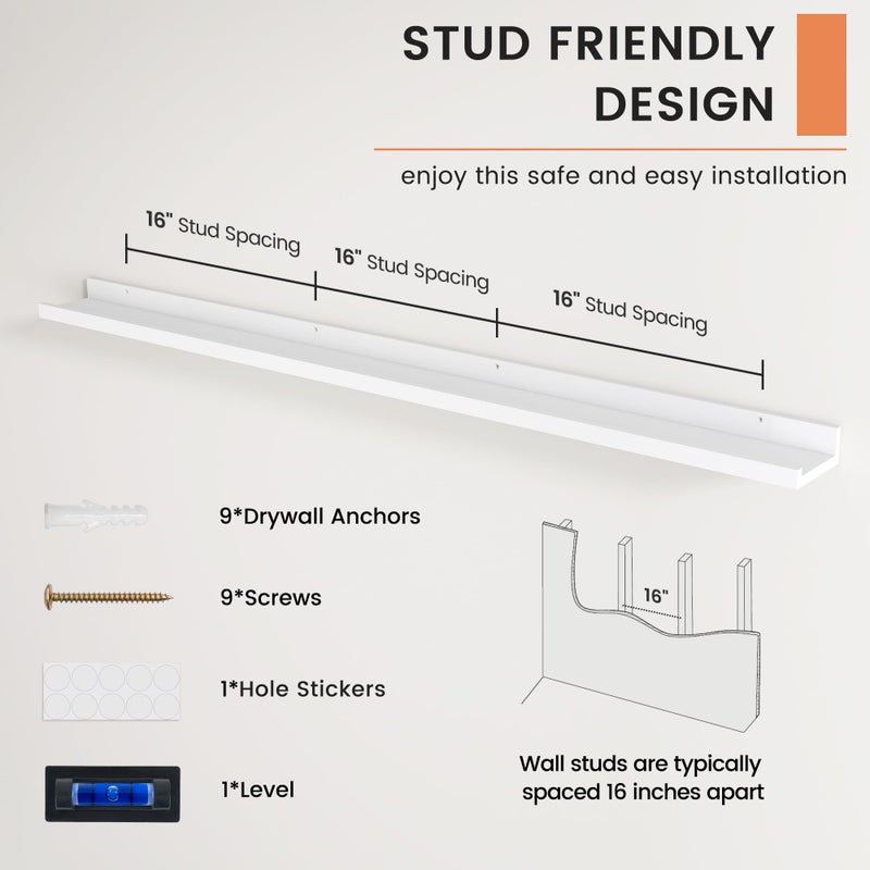 FLYJOE Picture Ledge Shelf, Floating Shelves Set of 2, 56 Inches Long Large Nursery Book Shelves for Toys Storage, Kids Bookshelf Wall Mounted for Living Room Bedroom Decor Books Photo Frames, White - Image 5