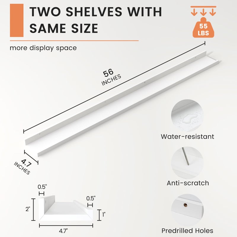 FLYJOE Picture Ledge Shelf, Floating Shelves Set of 2, 56 Inches Long Large Nursery Book Shelves for Toys Storage, Kids Bookshelf Wall Mounted for Living Room Bedroom Decor Books Photo Frames, White - Image 3
