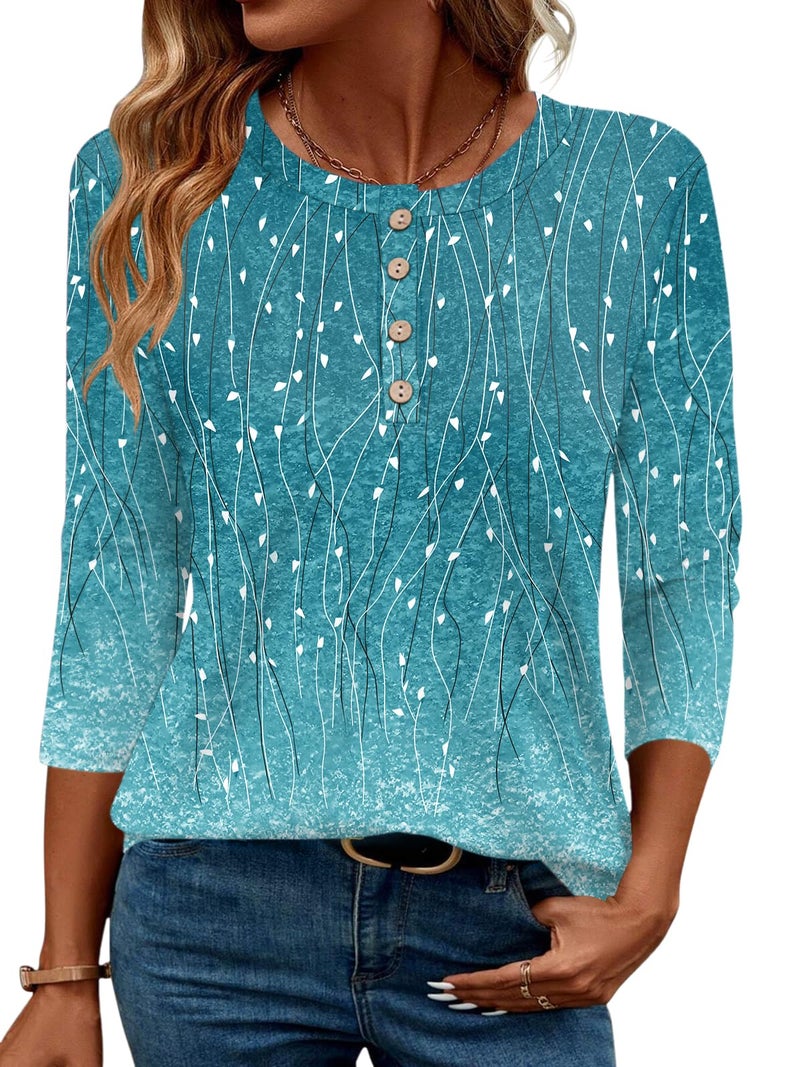 LOMON 3/4 Sleeve Tunic for Women Crew Neck Dressy Casual Button Tops Summer Trendy 2026 Tee Shirts(Blue Leaf Print,XL) - Image 1