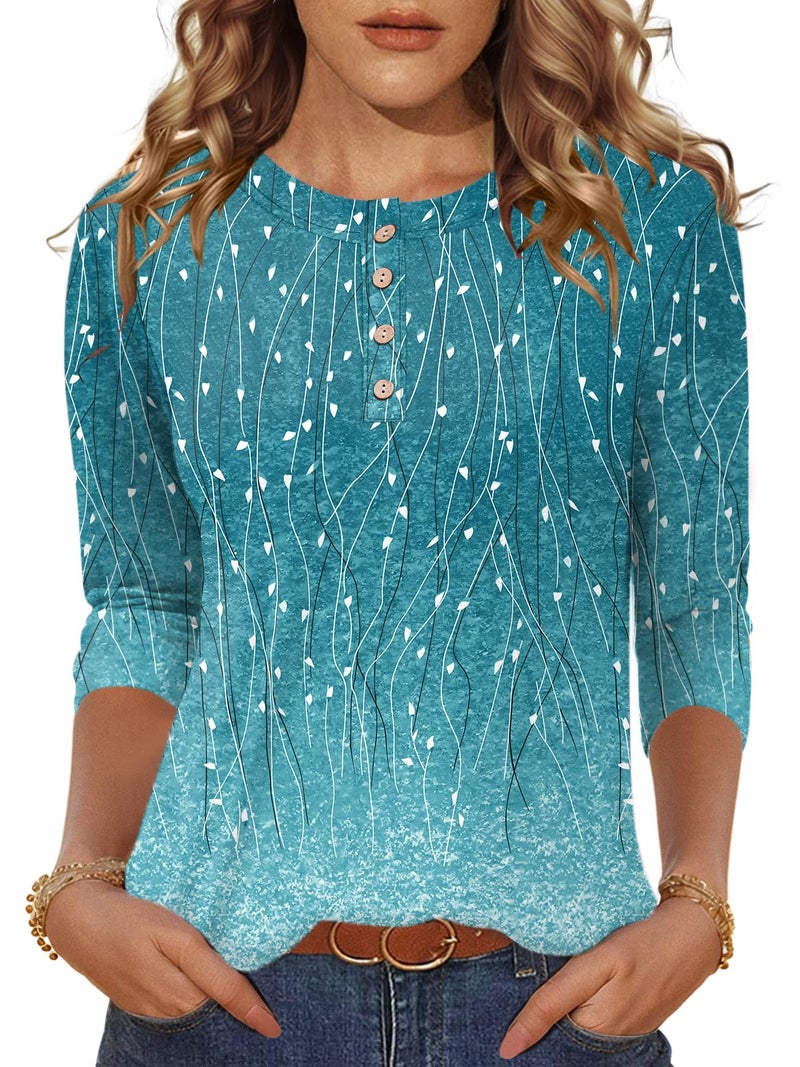 LOMON 3/4 Sleeve Tunic for Women Crew Neck Dressy Casual Button Tops Summer Trendy 2026 Tee Shirts(Blue Leaf Print,XL) - Image 2