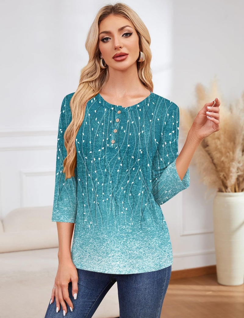 LOMON 3/4 Sleeve Tunic for Women Crew Neck Dressy Casual Button Tops Summer Trendy 2026 Tee Shirts(Blue Leaf Print,XL) - Image 3