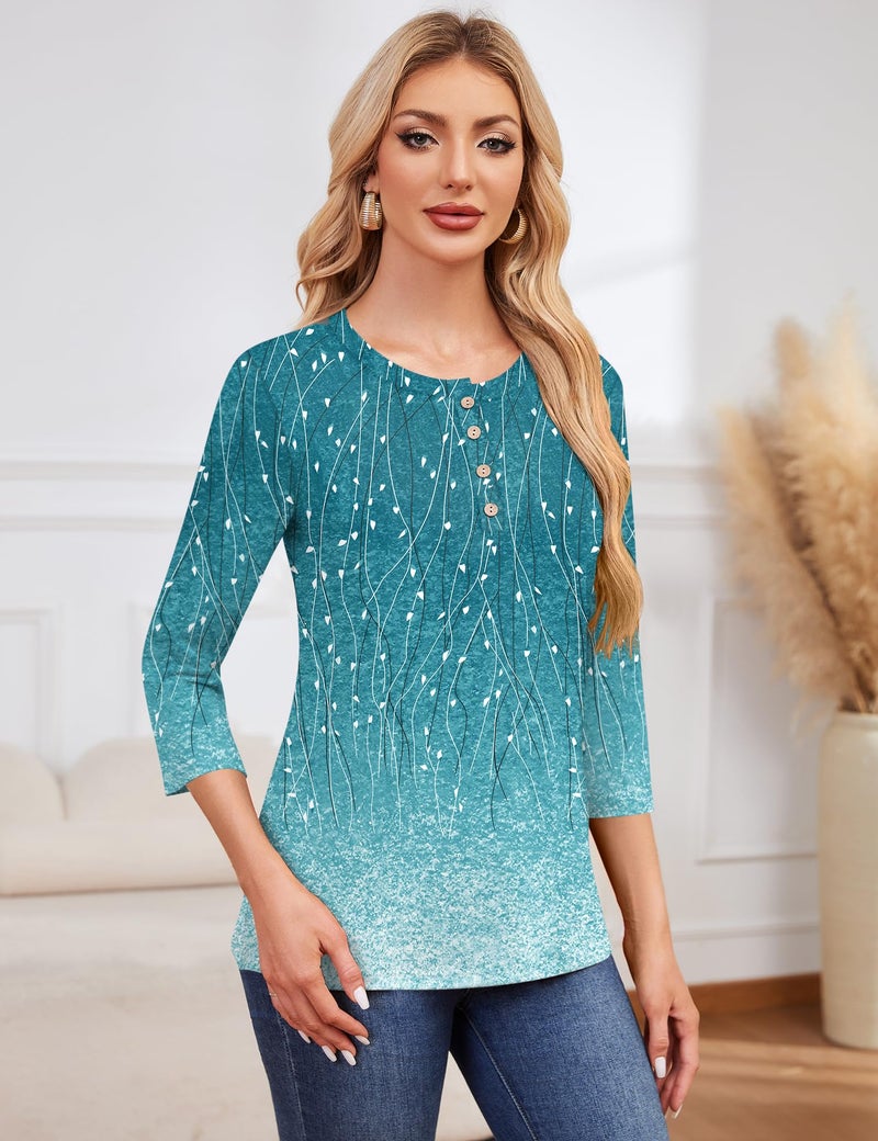 LOMON 3/4 Sleeve Tunic for Women Crew Neck Dressy Casual Button Tops Summer Trendy 2026 Tee Shirts(Blue Leaf Print,XL) - Image 4