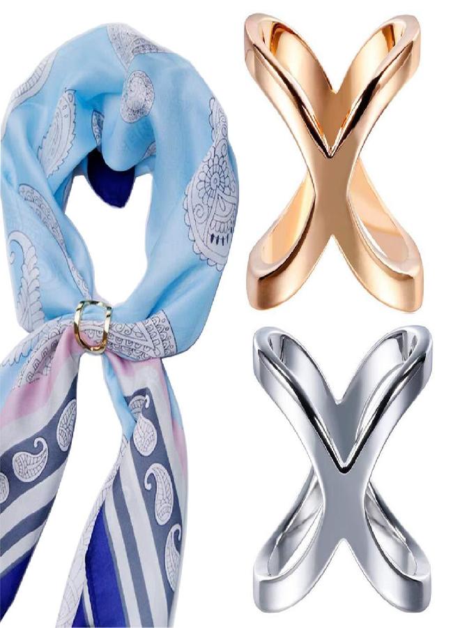 UPSTORE 2PCS(Gold+Silver) X Shaped Women Lady Girls Fashion Scarf Ring Buckle Modern Simple Jewelry Silk Scarf Clasp Clips Clothing Wrap Holder Clothing Decoration Accessories for T-Shirt Neckerchief Shawl  - Image 3