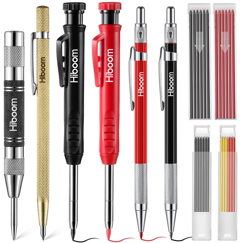 HI-BOOM Hiboom 10 Pack Mechanical Carpenter Pencils Set with Sharpener 36PCs 28mm Refills Deep Hole Marker Pen Automatic Center Punch Carbide Scribe Tool Heavy Duty Construction Pencil for Architect - Image 2