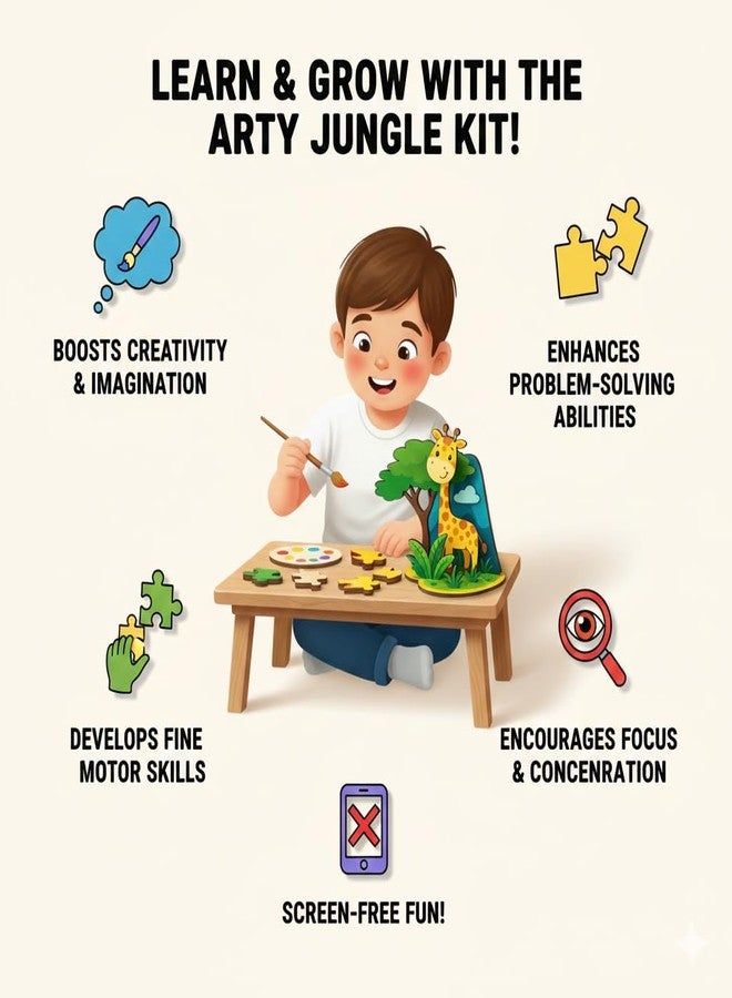 Vedroci The Arty Jungle Kit | DIY Wooden Painting & Assembly Toy for Kids Age 3+ | Educational Craft Activity Set with Paints | Jungle Animals Art & Craft Toy for Boys & Girls (Dinasour 1 Arty Jungle Kit) - Image 5