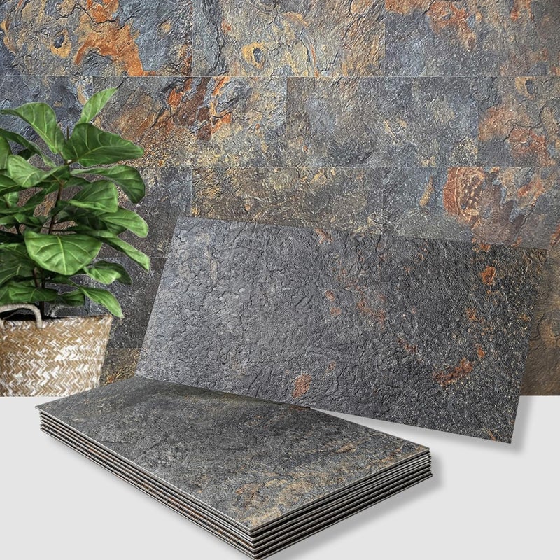 AULIGET 6" x 12" Rust Slate Peel and Stick Backsplash Wall Tiles, PVC Faux Stone Stick on Tiles for Backsplash Kitchen, Bathroom, Laundry Room, Camper, Fireplace (Pack of 20) - Image 1