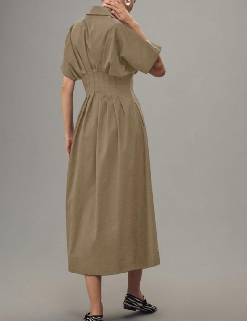 Yeokou Shirt Dress for Women Summer Casual Short Sleeve Button Down Loose Pleated Maxi Sundress with Pockets (DarkKhaki-XL) - Image 3
