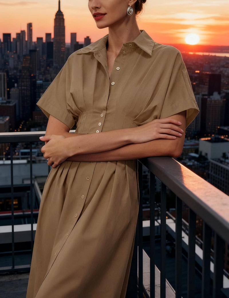 Yeokou Shirt Dress for Women Summer Casual Short Sleeve Button Down Loose Pleated Maxi Sundress with Pockets (DarkKhaki-XL) - Image 4