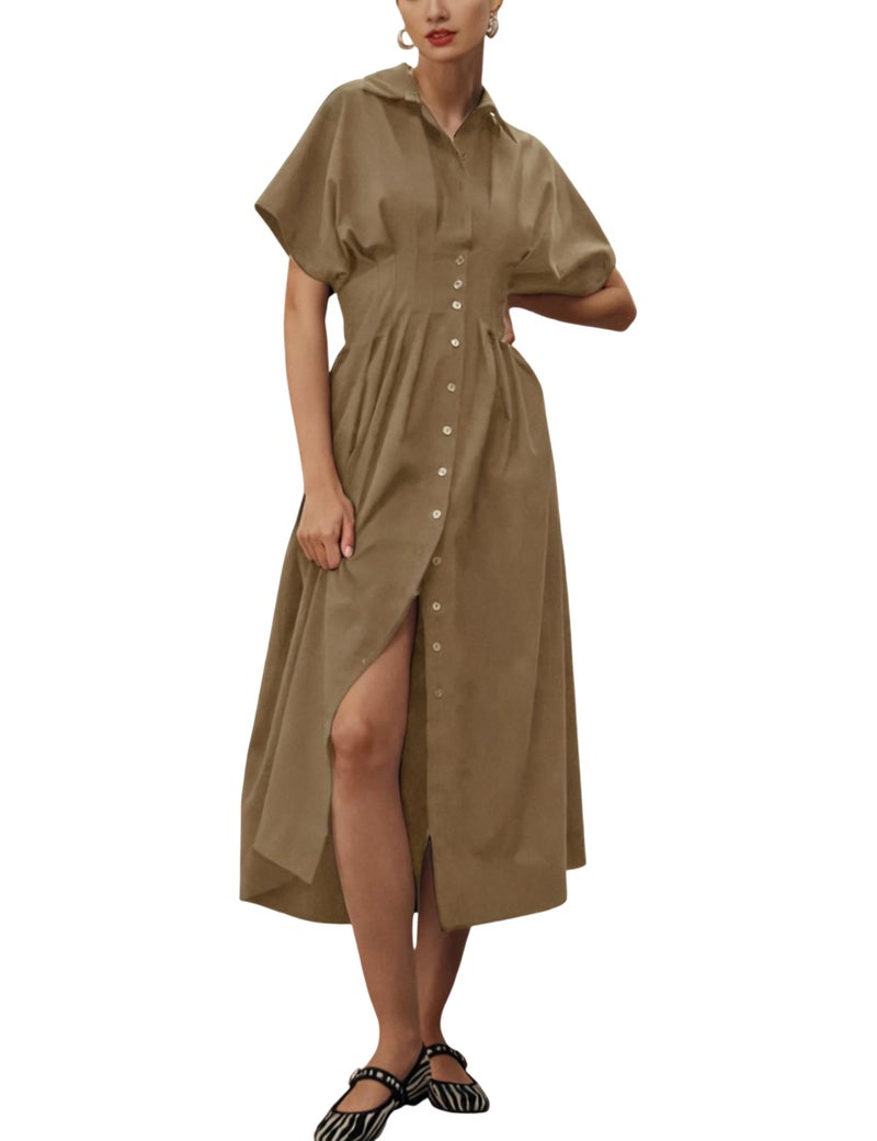 Yeokou Shirt Dress for Women Summer Casual Short Sleeve Button Down Loose Pleated Maxi Sundress with Pockets (DarkKhaki-XL) - Image 1