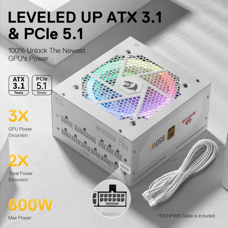 Redragon RGPS-850W 80+ Gold 850 Watt Power Supply w/Upgraded ATX 3.1 & PCIe 5.1 Fully Modular, 12VHPWR Cable Included, 100% Japanese Capacitors, Smart ECO Low Noise RGB Fan, Compact 160mm Size - Image 4