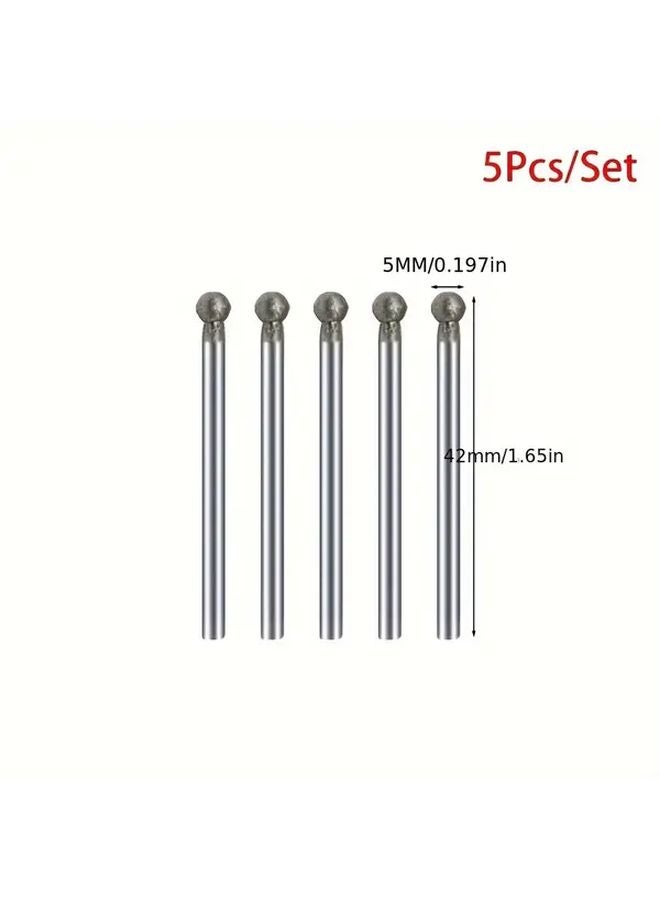 5pcs 5mm Diamond Round Burr Sanding Drill Bit Grinding Head 3mm Shank Carving Tool - Image 1