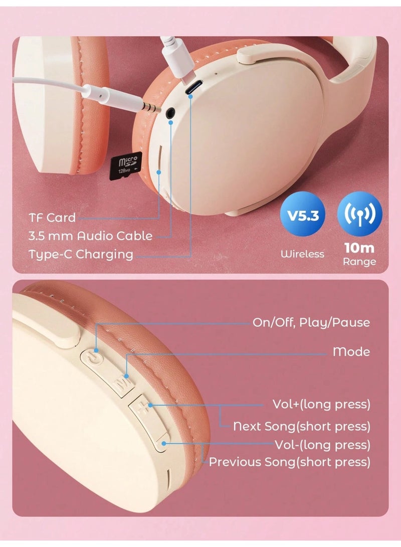 Wireless Over-Ear Headphones - Bluetooth 5.3 Headset with 40mm Driver, Punchy Bass, TF Card Slot, 3.5mm Aux - Compatible with iPhone, iPad, Laptop & Android - Pink - Image 5