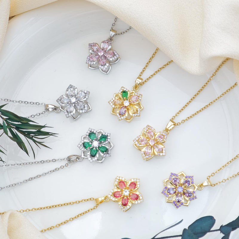 KONPJE Necklace for Women Gold Flower Fidget Necklace Rotatable Crystal Silver Blossom Pendant Necklaces Adjustable Spinning Fidget Necklaces Redbud Flower Choker Funny Gift Jewelry(silver purple) - Image 5