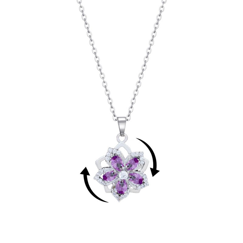 KONPJE Necklace for Women Gold Flower Fidget Necklace Rotatable Crystal Silver Blossom Pendant Necklaces Adjustable Spinning Fidget Necklaces Redbud Flower Choker Funny Gift Jewelry(silver purple) - Image 1