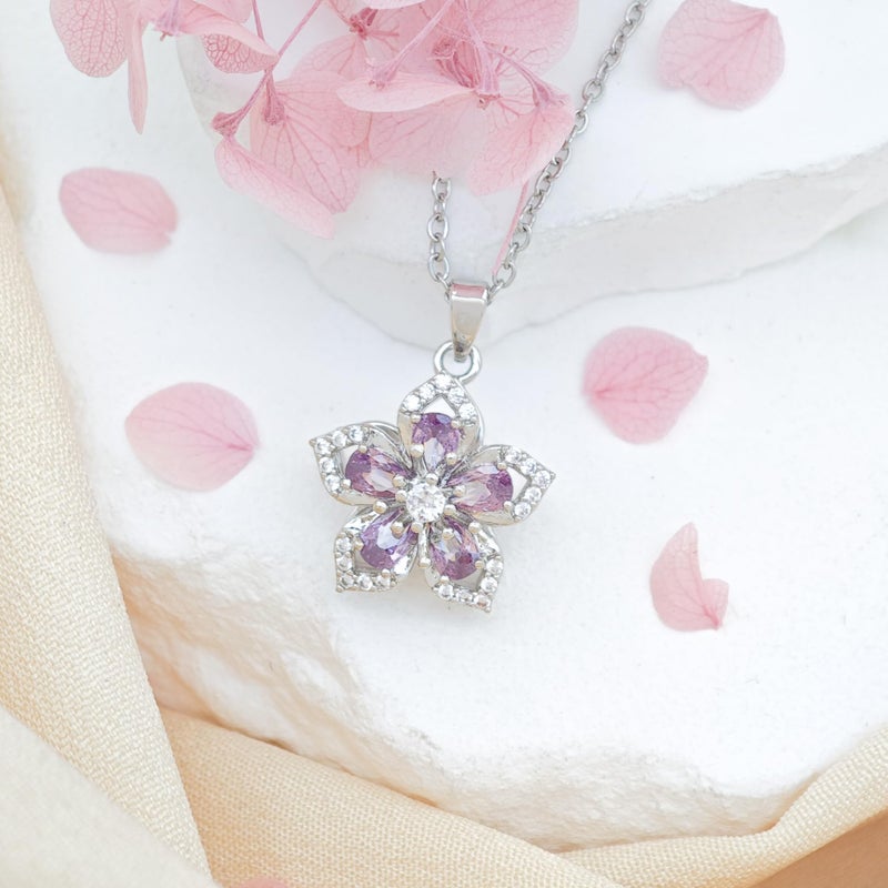 KONPJE Necklace for Women Gold Flower Fidget Necklace Rotatable Crystal Silver Blossom Pendant Necklaces Adjustable Spinning Fidget Necklaces Redbud Flower Choker Funny Gift Jewelry(silver purple) - Image 2