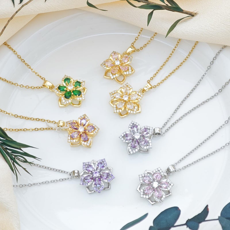 KONPJE Necklace for Women Gold Flower Fidget Necklace Rotatable Crystal Silver Blossom Pendant Necklaces Adjustable Spinning Fidget Necklaces Redbud Flower Choker Funny Gift Jewelry(silver purple) - Image 4