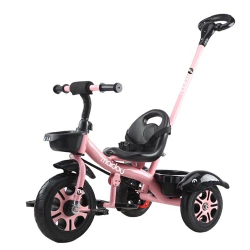 tricycles for outdoor play, steel frame, pink, foldable with dismounting pedal, removable push handle, adjustable seat, 3-point harness, rear storage box - Image 1