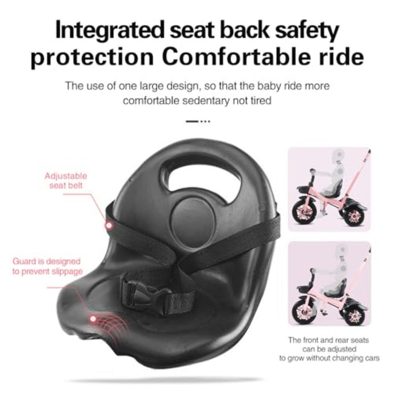 tricycles for outdoor play, steel frame, pink, foldable with dismounting pedal, removable push handle, adjustable seat, 3-point harness, rear storage box - Image 4