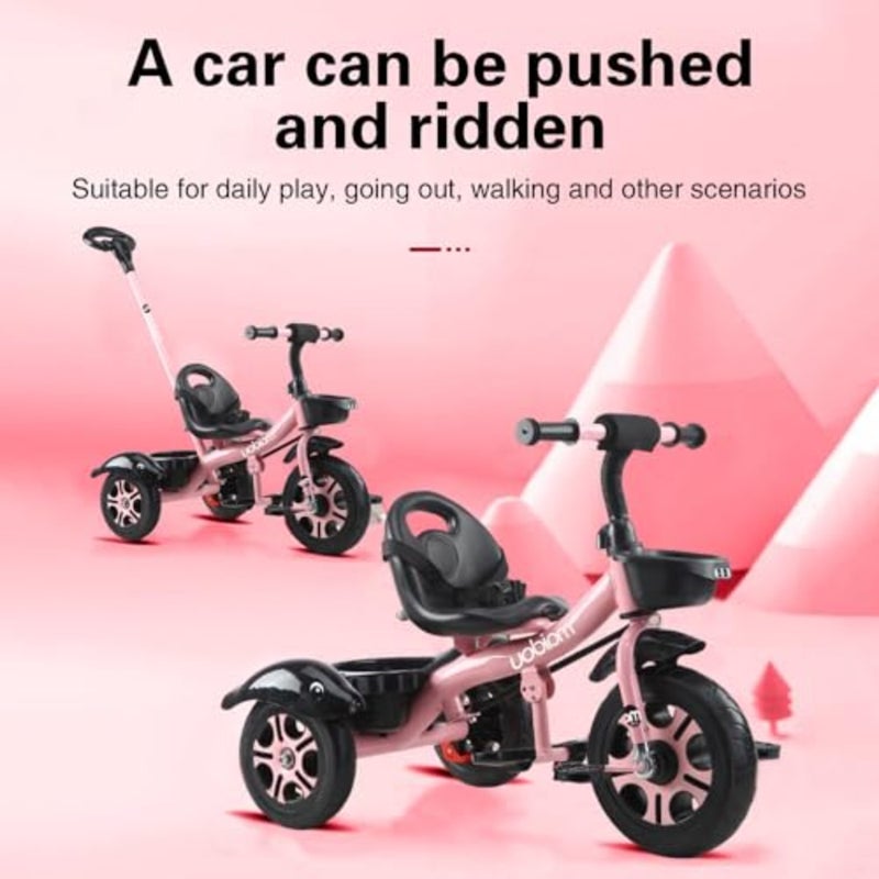 tricycles for outdoor play, steel frame, pink, foldable with dismounting pedal, removable push handle, adjustable seat, 3-point harness, rear storage box - Image 2