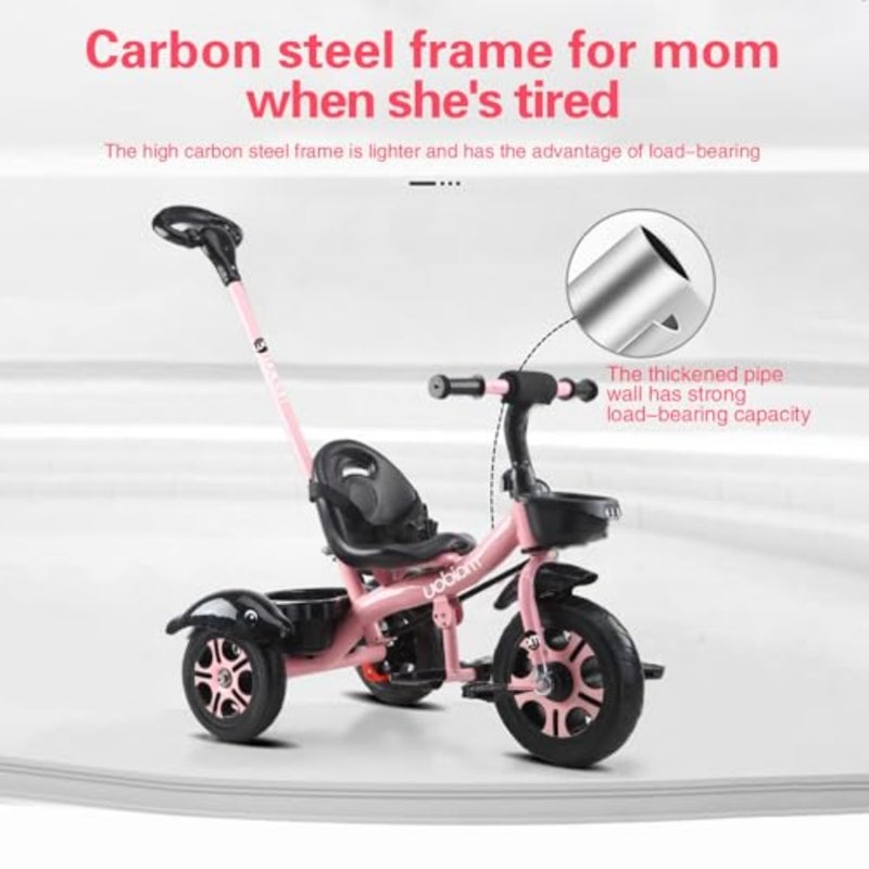 tricycles for outdoor play, steel frame, pink, foldable with dismounting pedal, removable push handle, adjustable seat, 3-point harness, rear storage box - Image 3