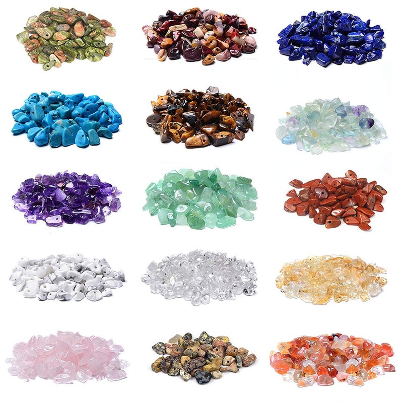 Basigeese 1500pcs Gemstone Chip Beads DIY Jewelry Making Healing Engry Crystals Polishing Crushed Irregular Shaped Beads with Box 15 Materials