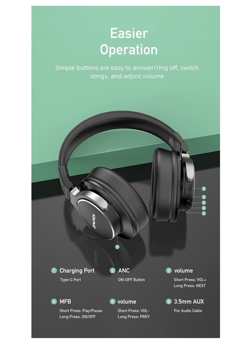 Awei - A710BL - Wireless Noise Cancelling Headphones, Foldable, Touch Control, Black - Image 1