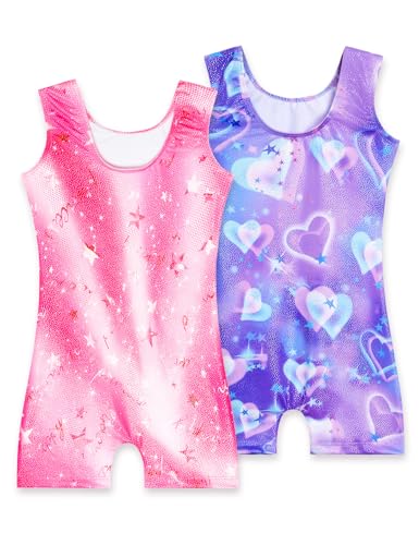 Nokecina Gymnastics Leotards for Girls 2t 3t 2 Pack Sleeveless Purple Heart Unitard Pink Tumbling Biketard - Image 2