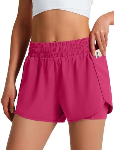 Ksmien Women's Running Shorts Quick Dry Lightweight Athletic Workout Shorts with Liner Phone Pockets Hot Pink - Image 1