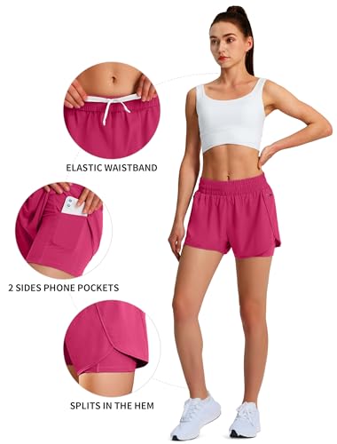 Ksmien Women's Running Shorts Quick Dry Lightweight Athletic Workout Shorts with Liner Phone Pockets Hot Pink - Image 3