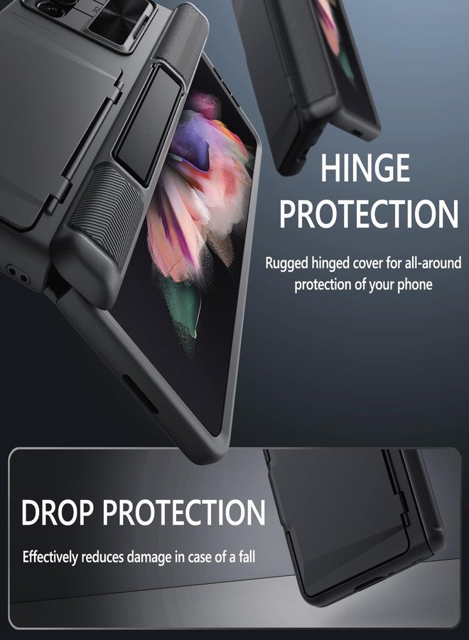 جبيه جراب GBEE لهاتف سامسونج جالاكسي زد فولد 3 مع حامل بطاقات وحماية للمفصلات وحامل قابل للطي وغطاء كاميرا منزلق وواقي شاشة مدمج، جراب هاتف متين لهاتف جالاكسي زد فولد 3 (أسود) - Image 5