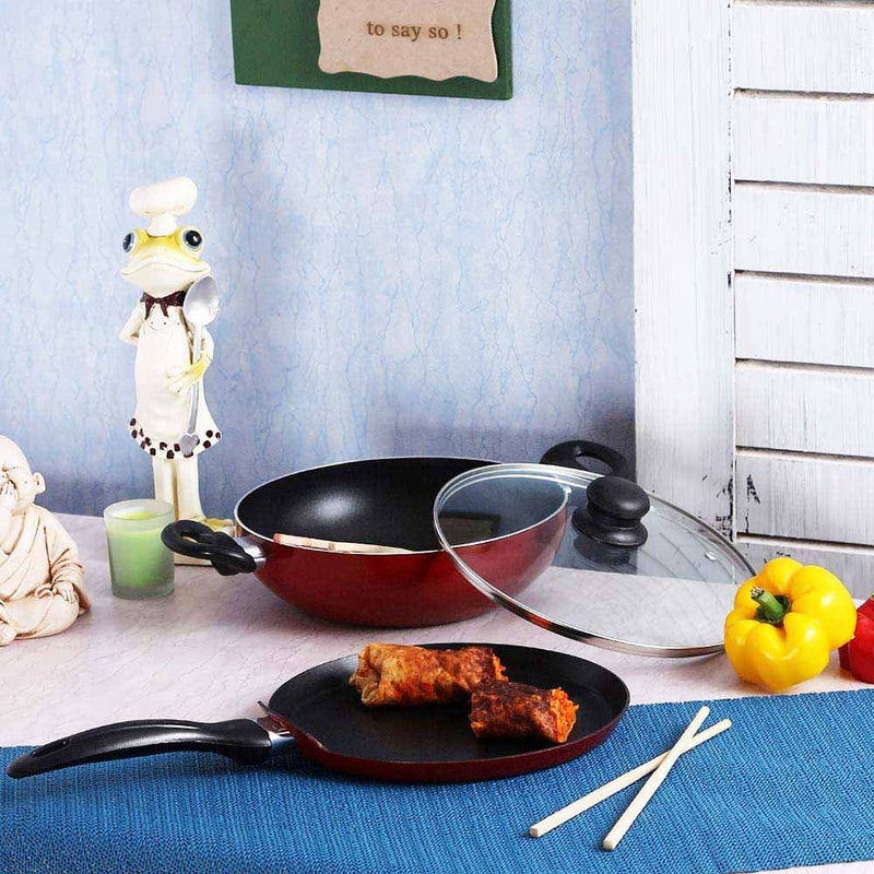 Wonderchef Ruby Series Aluminium Standard 24 cm Wok with Lid and Dosa Tawa, 2.6 Litre, 3 Piece, Black - Image 1