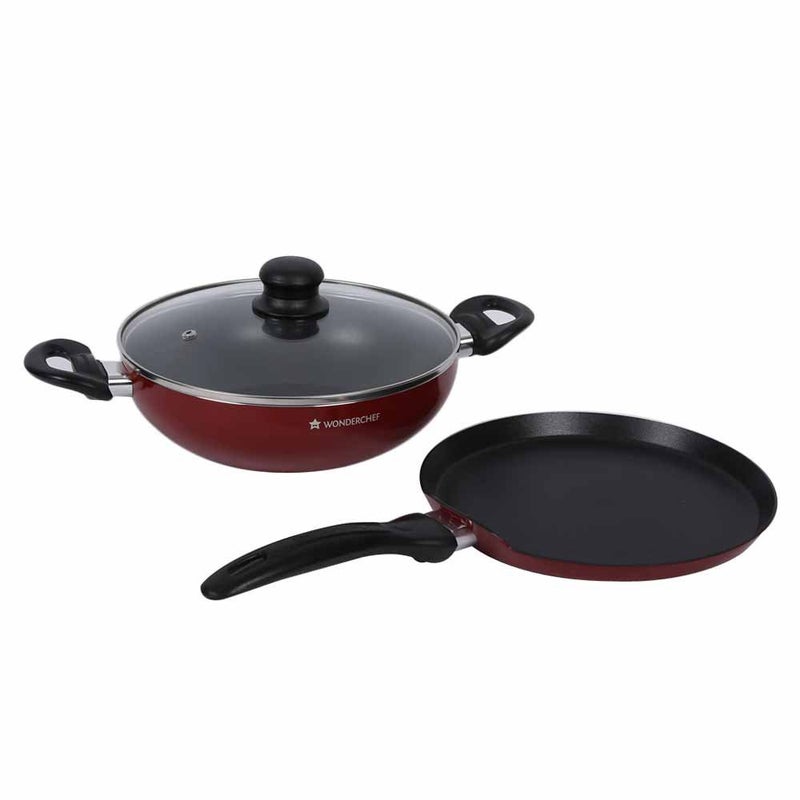 Wonderchef Ruby Series Aluminium Standard 24 cm Wok with Lid and Dosa Tawa, 2.6 Litre, 3 Piece, Black - Image 2