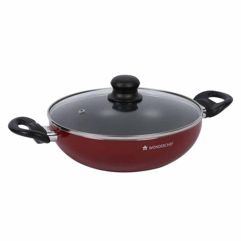 Wonderchef Ruby Series Aluminium Standard 24 cm Wok with Lid and Dosa Tawa, 2.6 Litre, 3 Piece, Black - Image 3