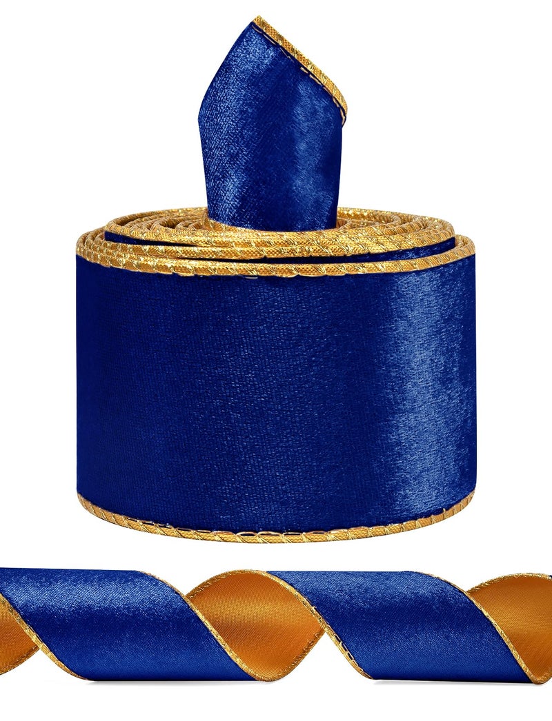 Blue Wide Velvet Ribbon Wired for Christmas Tree Garland Wreath 25 Inch 5 Yards