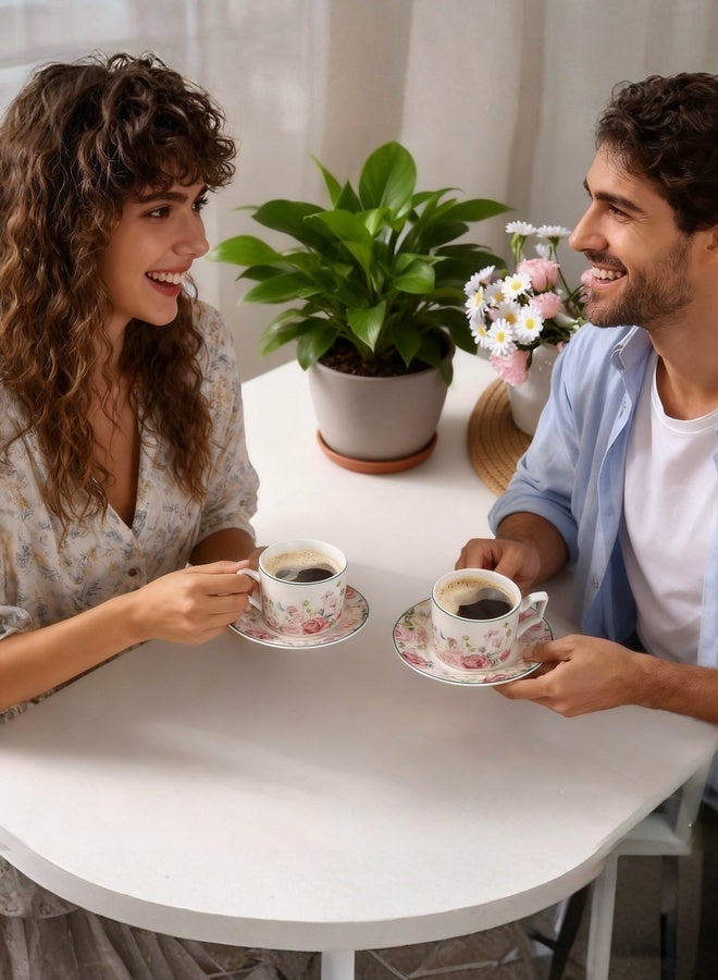 2 Set Ceramic Coffee Cup and Saucer Set with Gift Box, Vintage Floral Porcelain Hand Crafted Flower Shaped 230ML Cups for Home Office - Image 2