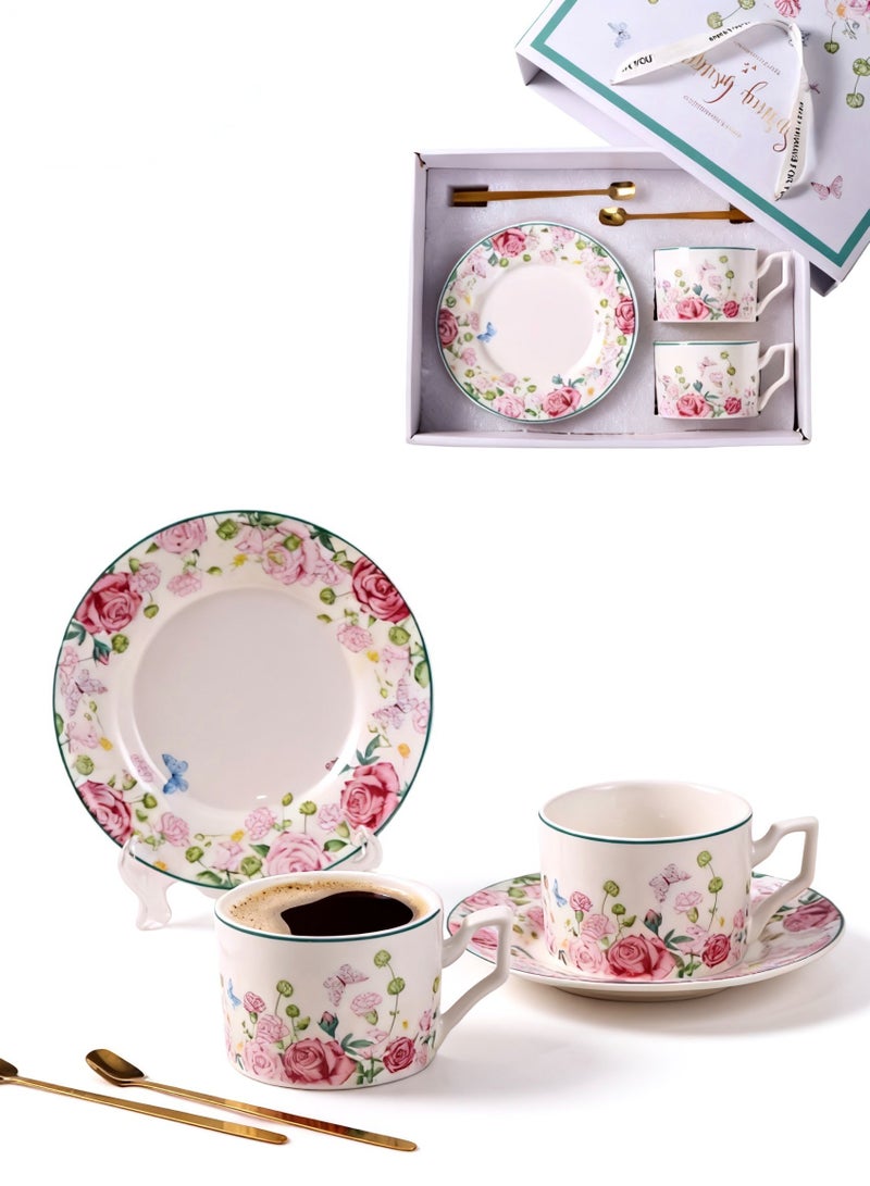 2 Set Ceramic Coffee Cup and Saucer Set with Gift Box, Vintage Floral Porcelain Hand Crafted Flower Shaped 230ML Cups for Home Office - Image 1