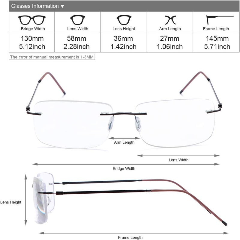 MIRYEA Rimless Progressive Multifocus Reading Glasses Blue Light Blocking No Line Multifocal Computer Readers for Women Men Unisex Rectangular Eyewear Titanium Lightweight Magnification Presbyopia Eyeglasses - Image 4