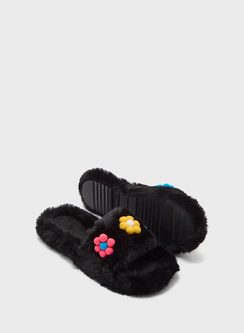 Ginger Floral Trim  Fluffy Bedroom Slippers